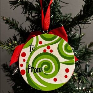 Hand painted Green Merry Christmas Ornament with Red Bow or use as a gift tag